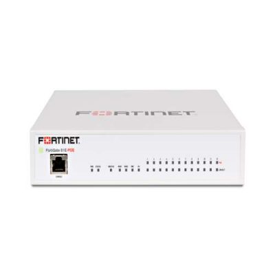 FortiGate 61E w/ 10 x GE RJ45 ports (including 2 x WAN Ports, 1 x DMZ Port, 7 x Internal Ports), 128GB SSD onboard storage. Max managed FortiAPs (Total / Tunnel) 10 / 5