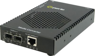 S-1110PP-DSFP - 10/100/1000 Gigabit Ethernet Standalone Media Rate Converter with PoE+ ( PoEP ) Power Sourcing. 10/100/1000BASE-T (RJ-45) [100 m/328 ft.] to 1000BASE-X or 100BASE-X - Dual SFP Slot (empty) Includes AC Power Adapter - Australia Power Cord