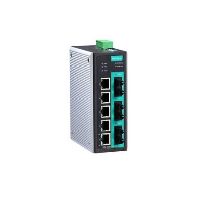 Moxa Entry-level Managed Industrial Ethernet Switch with 5 10/100BaseT(X) ports, 3 single mode 100BaseFX ports, SC connector, -48VDC, 0 to 60°C.