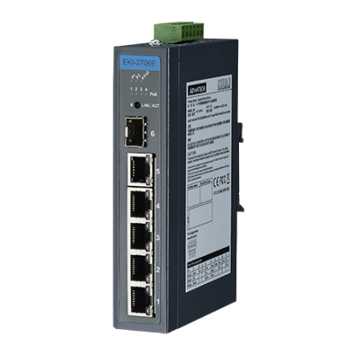 Advantech EKI-2706E-1GFPI 4FE PoE+1G+1G SFP, Unmanaged Ethernet Switch, IEEE802.3af/at, 24~48VDC, -40~75℃
