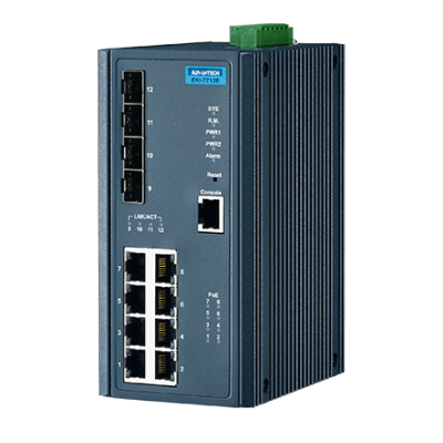 Advantech EKI-7712E-4FP 8FE PoE and 4G SFP Managed Ethernet Switch, IEEE802.3af/at, 46~57VDC