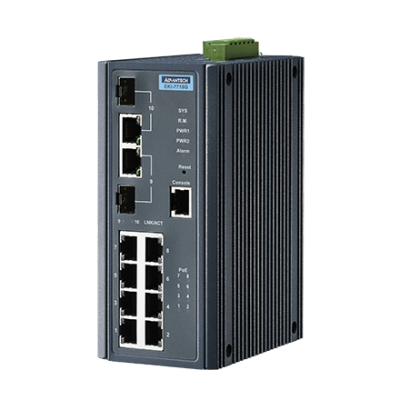 Advantech EKI-7710G-2CPI 8GE PoE and 2G Combo Managed Ethernet Switch, IEEE802.3af/at, 24~48VDC, -40~75℃