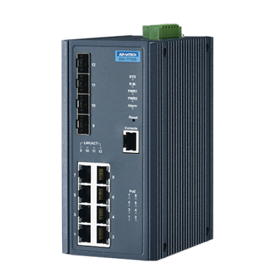 Advantech EKI-7712G-4FPI 8GE PoE and 4G SFP Managed Ethernet Switch, IEEE802.3af/at, 46~57VDC, -40~75℃