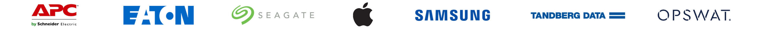 Logos for APC, Eaton, Seagate, Apple, Samsung, Tanberg Data and Opswat